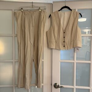 Commence Tailored Two Piece Khaki Set. Button up Vest, tailored pant. Size XL